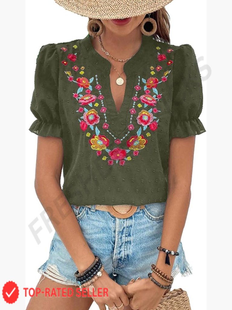 Floral Embroidered V-Neck Boho Puff Sleeve Blouse Casual Summer Top
